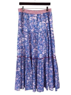 Aspiga Organic Cotton Block Print Blue Floral Tiered Maxi Skirt -